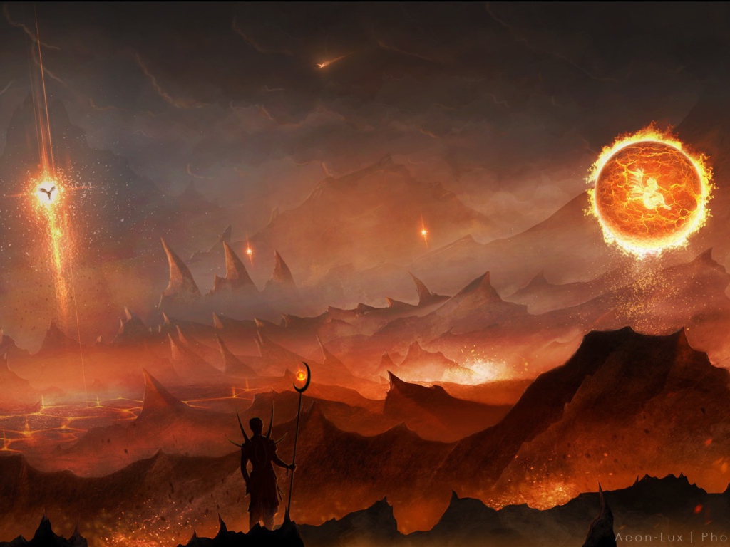 Огненный шар над скалами, фэнтези