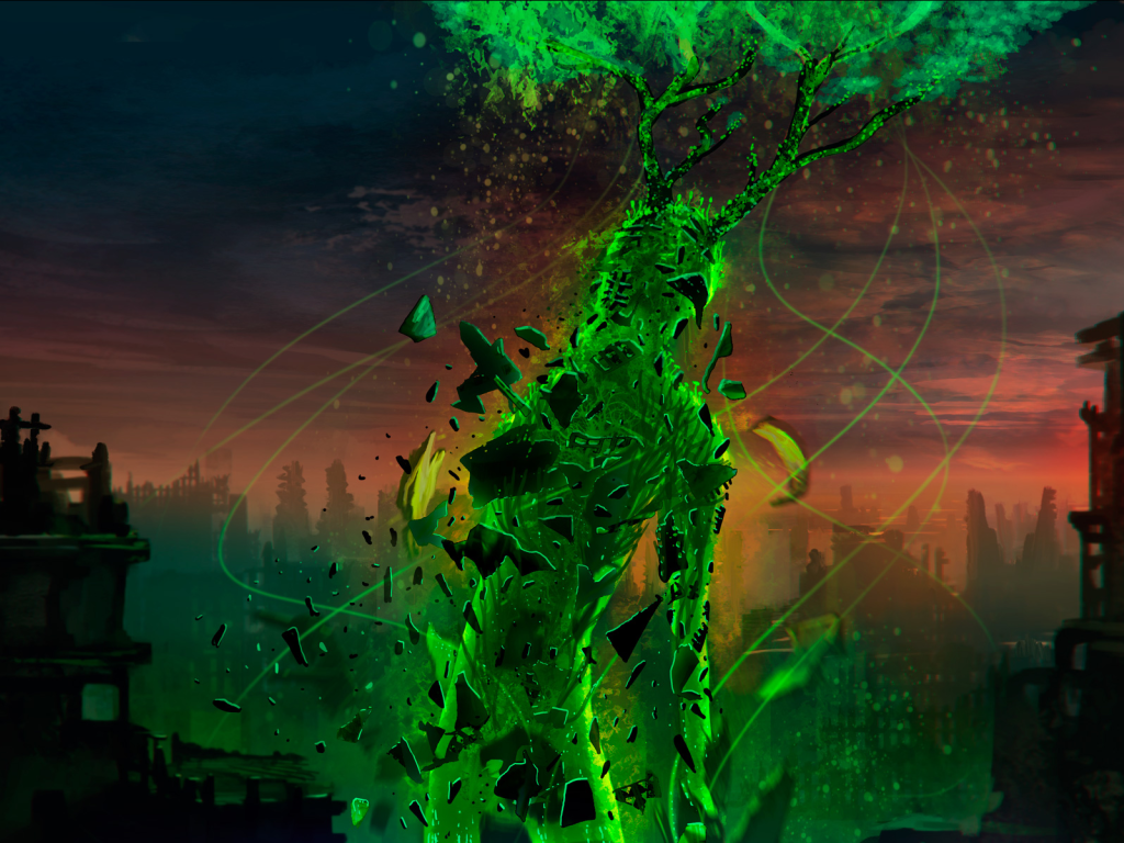 Зеленый персонаж фентези Атом