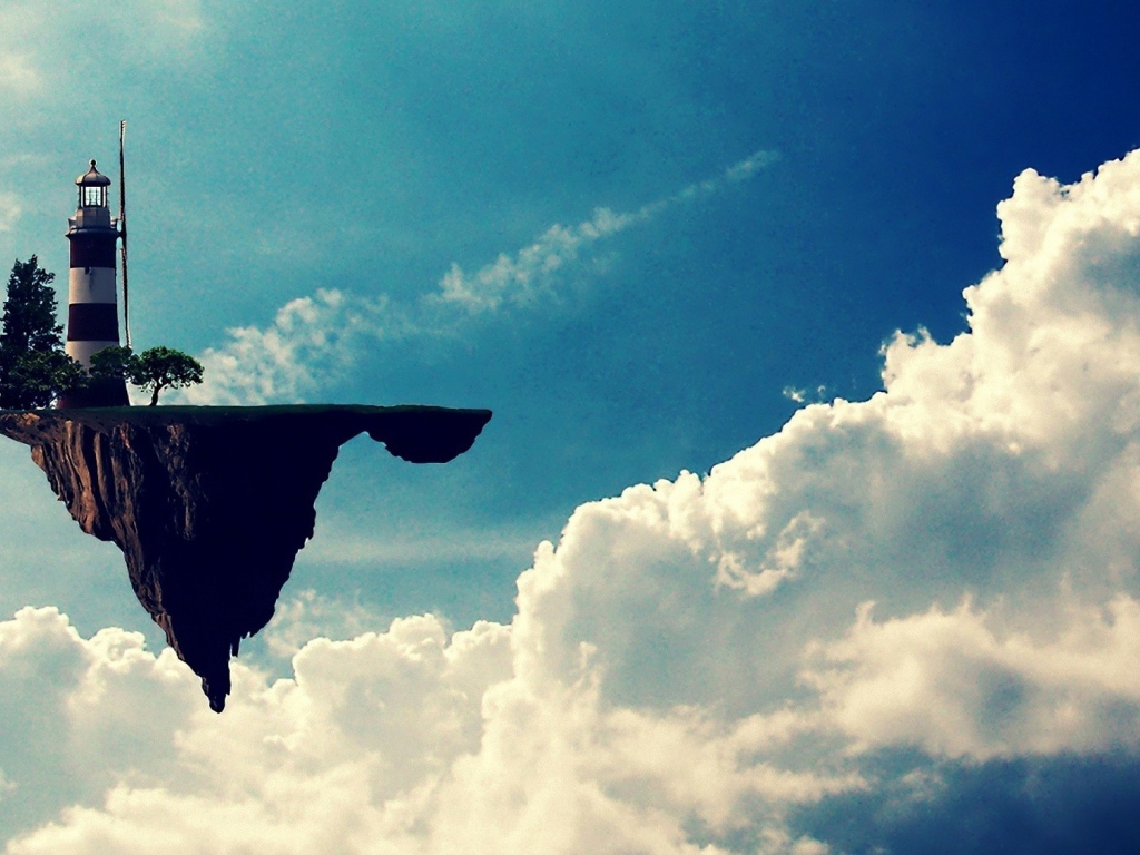Маяк на куске земли улетает в облака