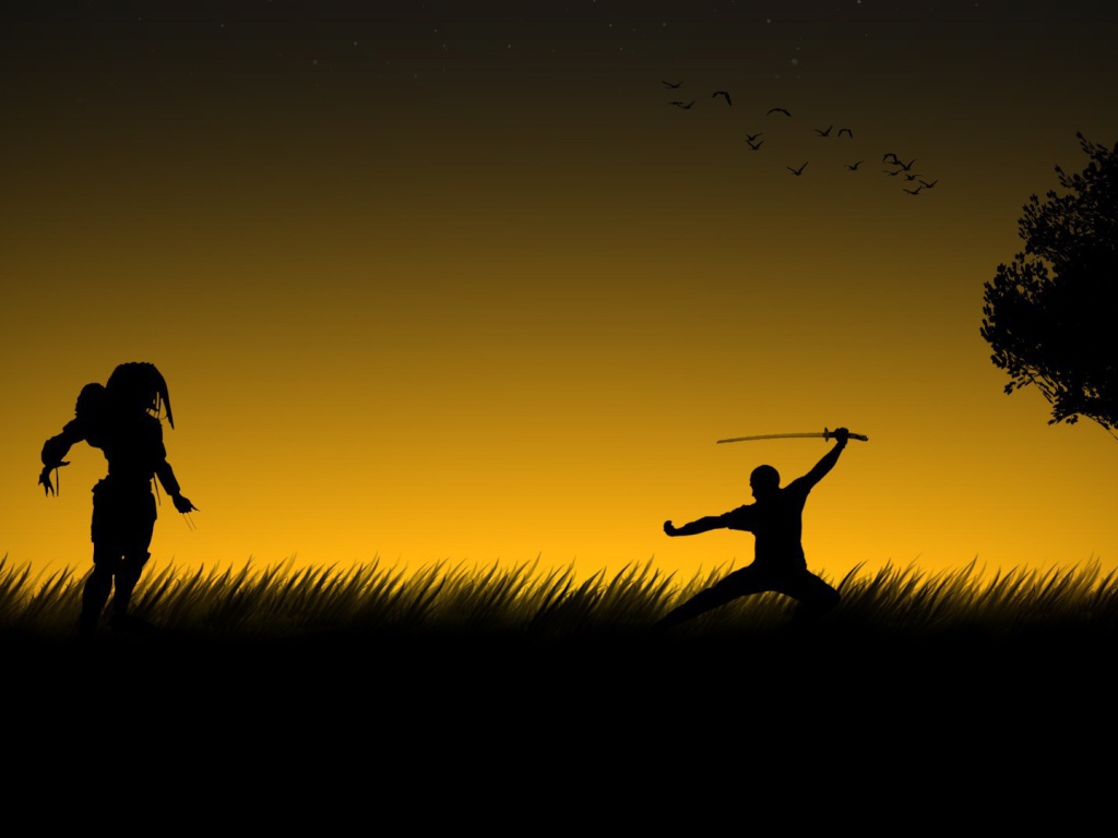 Хищник и Чужой в поле на закате