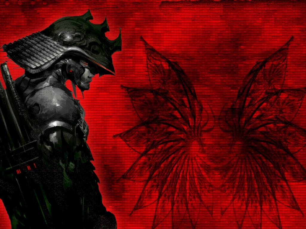 Самурай в доспехах на красном фоне