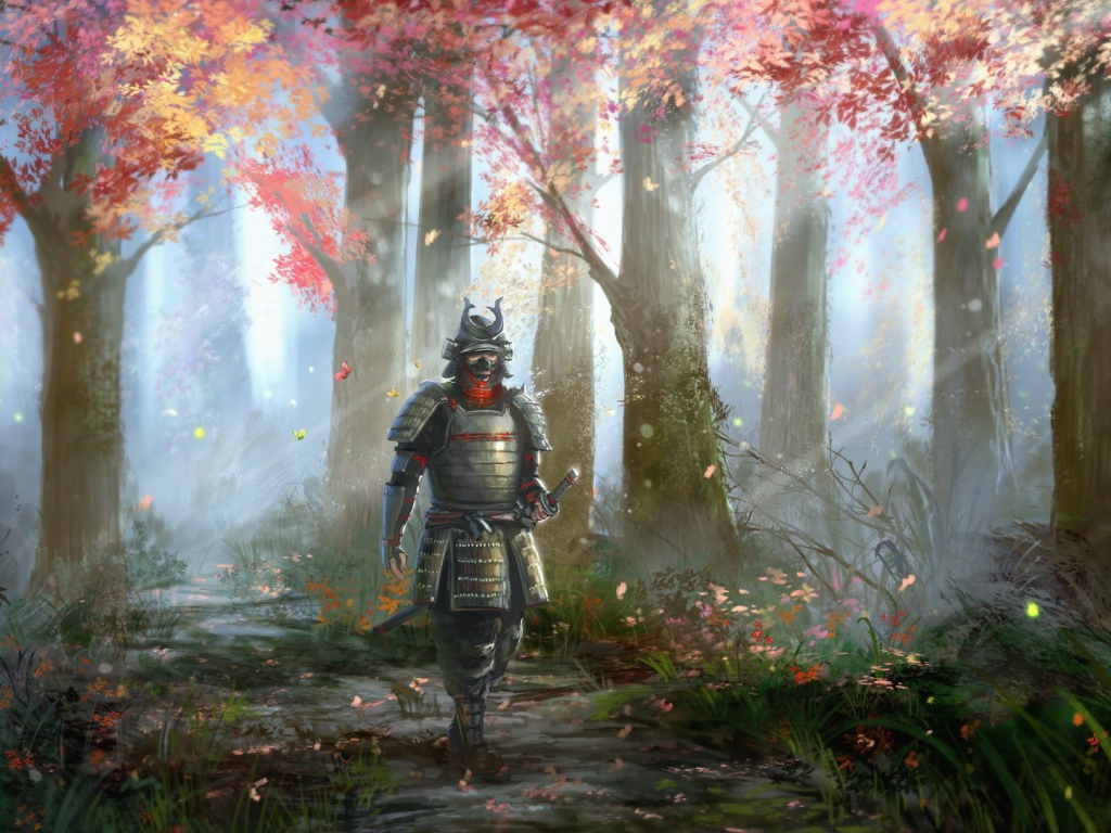 Самурай идет в лесу