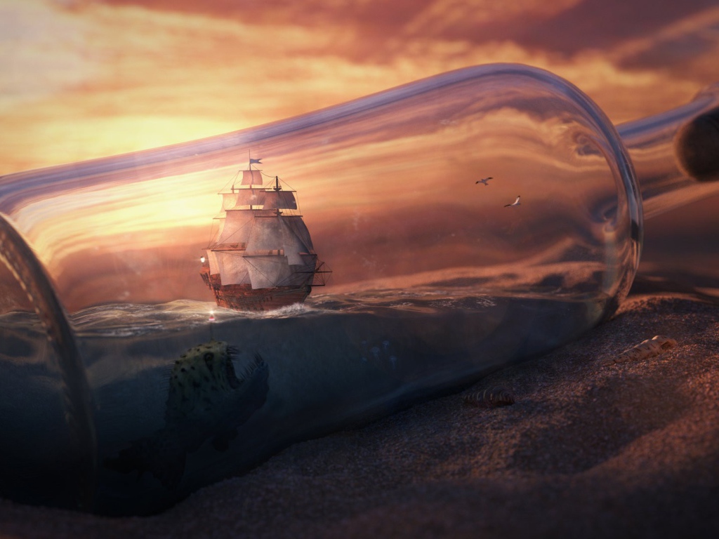 Морское чудовище и корабль в бутылке