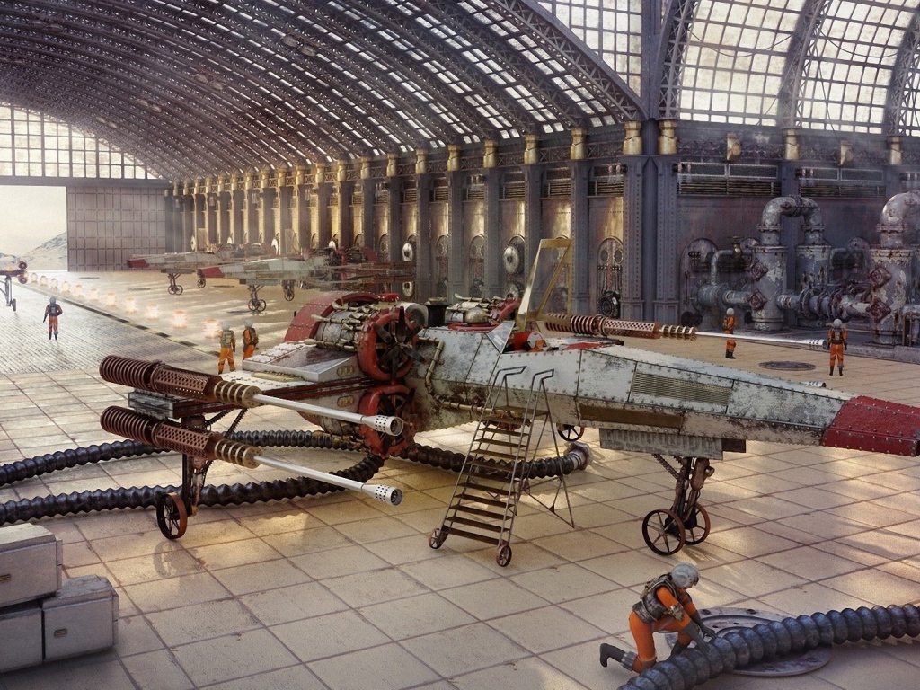 Космический истребитель в ремонтном ангаре