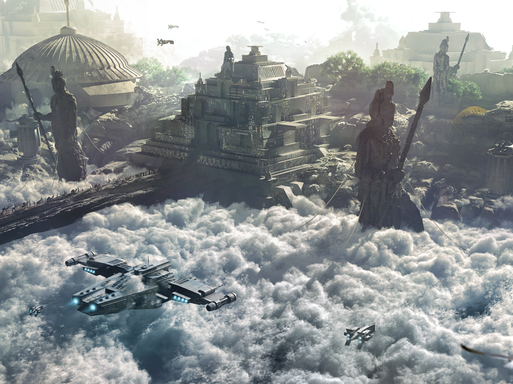 Космический корабль перед храмом развитой цивилизации