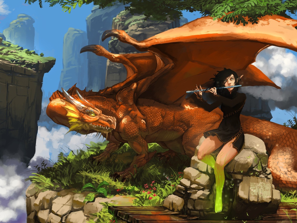 Парень играет на флейте для дракона