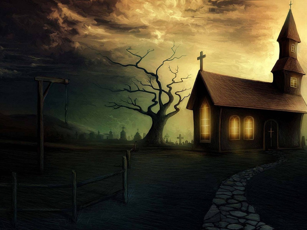 Свет в окнах церквушки и виселица перед ней