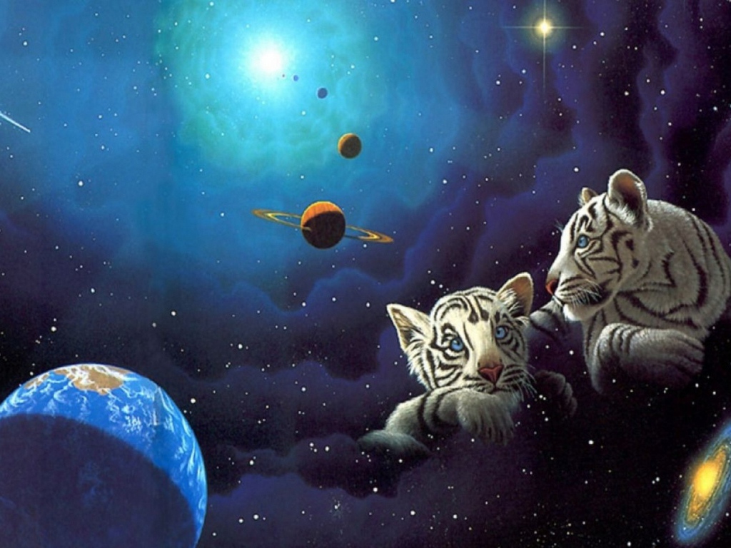 Две белых тигренка в космосе