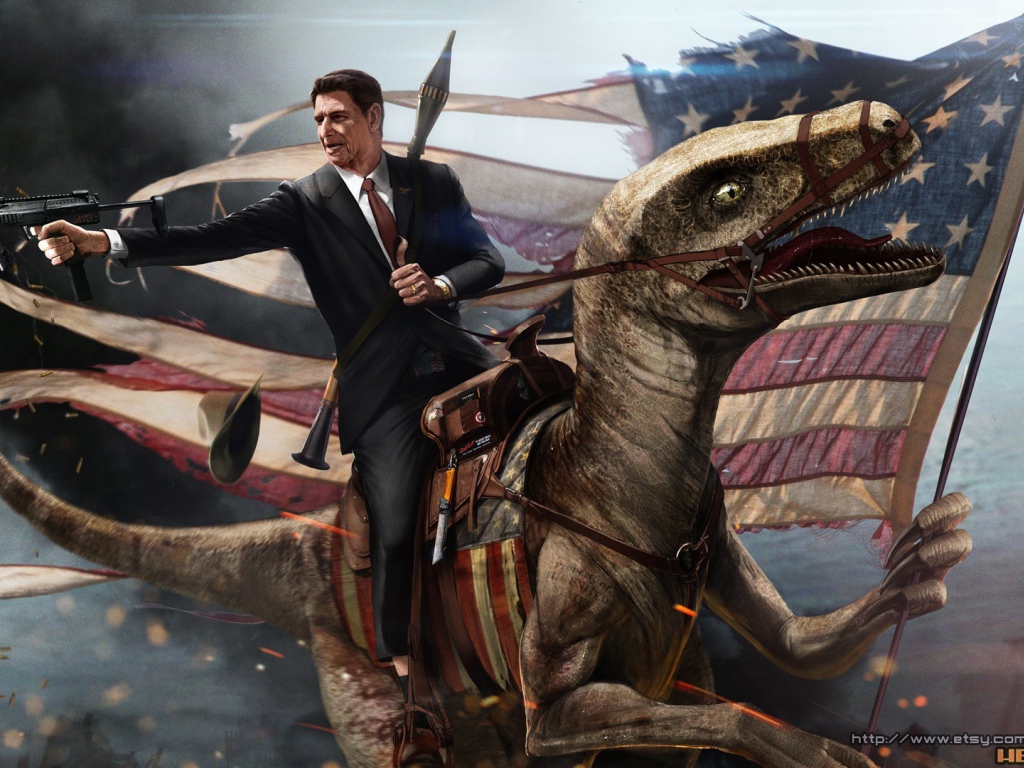 Президент США верхом на динозавре