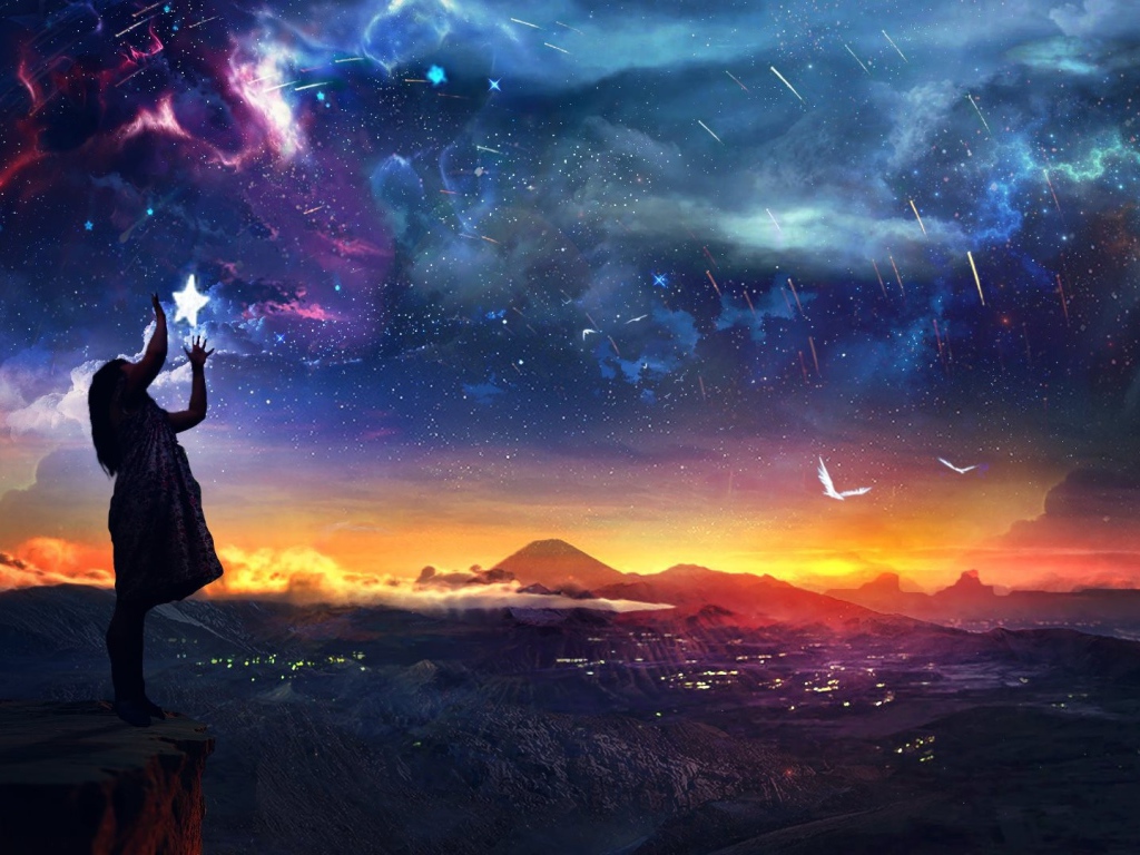 Женщина поправляет звезды в небе