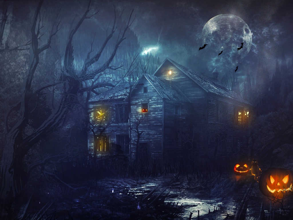 Деревянный дом в чаще леса во время Хеллоуина