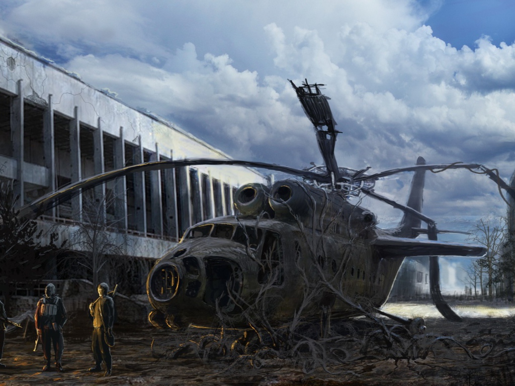 Разбитый вертолет зарос, постапокалипсис