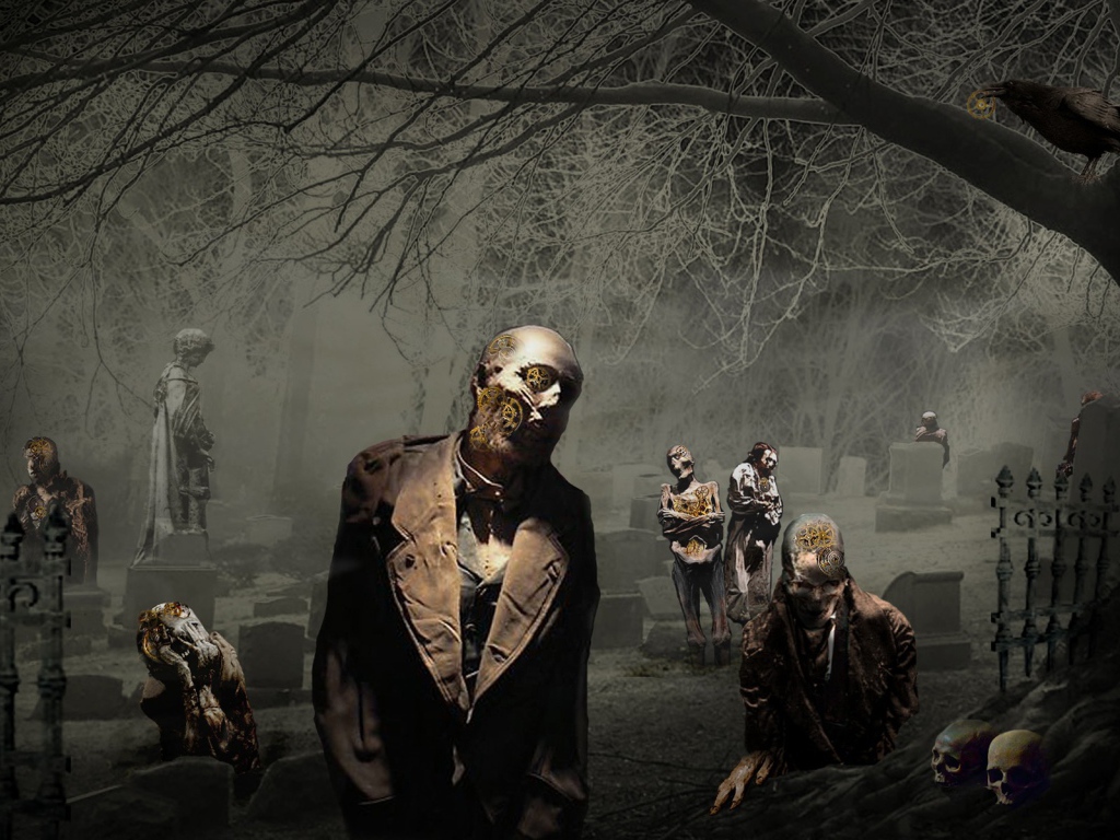 Зомби среди памятников на кладбище