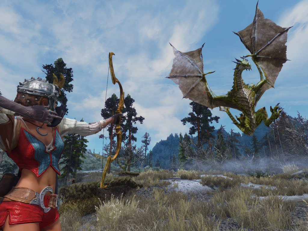 Лучница поражает дракона в игре The Elder Scrolls V Skyrim