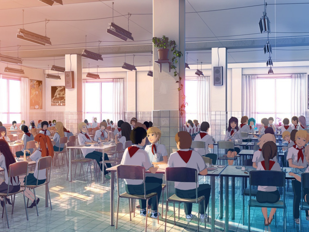 Пионеры в столовой в игре Бесконечное лето