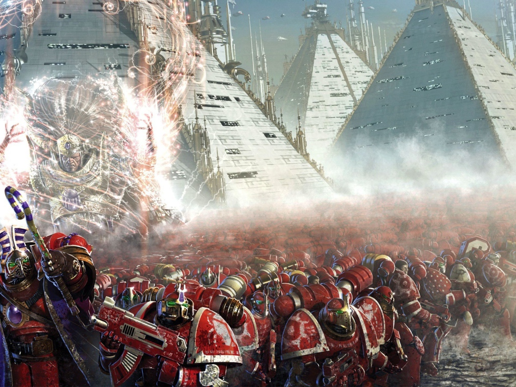 Солдаты на фоне пирамид в игре Warhammer 40000