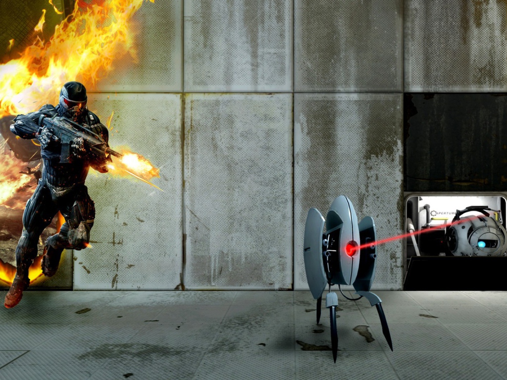 Солдат атакует лазерного робота в игре Портал 2