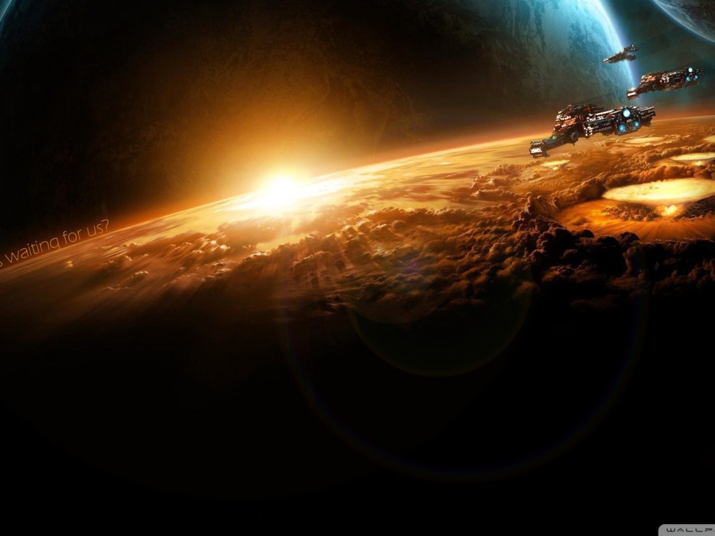 Космические корабли бомбят планету в игре Starcraft II