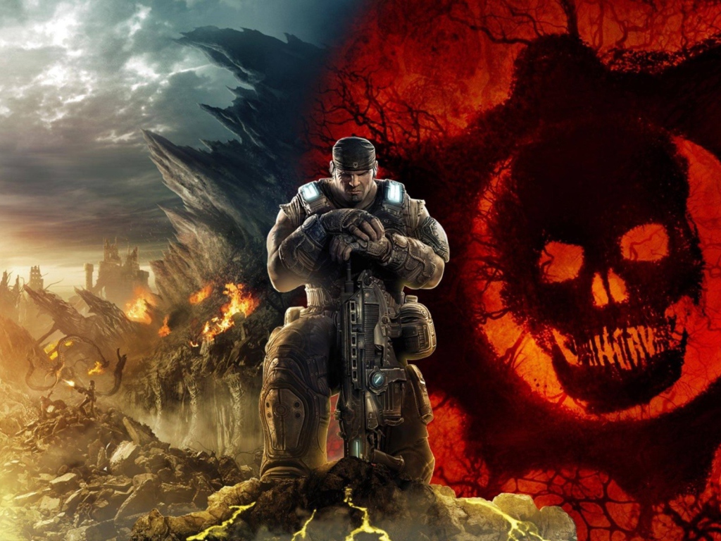 Воин на фоне флага в игре Gears of War