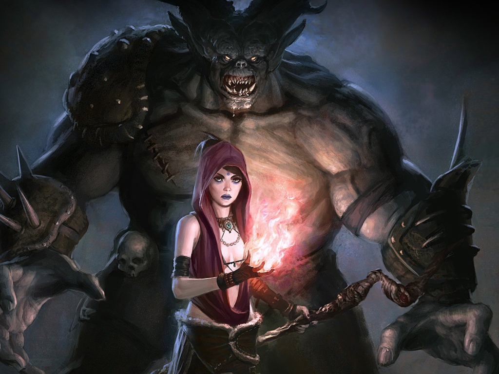 Колдунья с монстром в игре Dragon Age Origins
