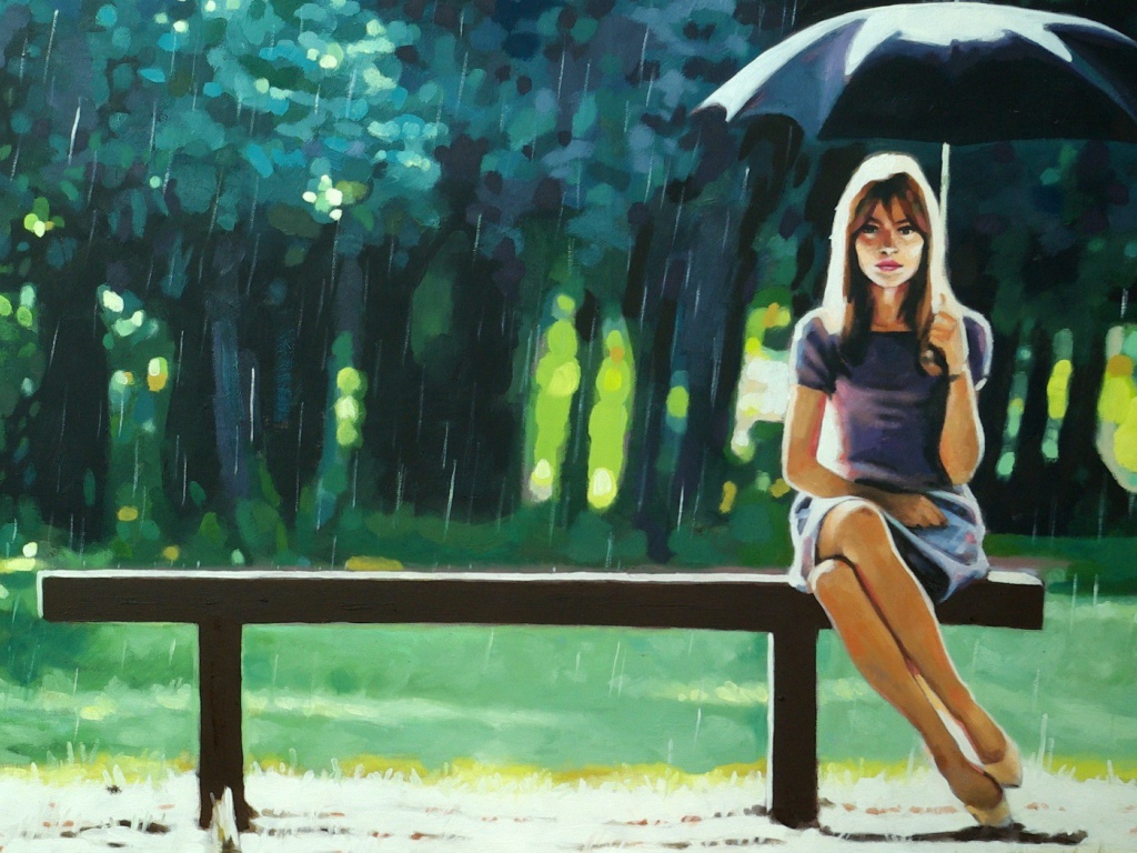 Девушка на скамье под зонтом