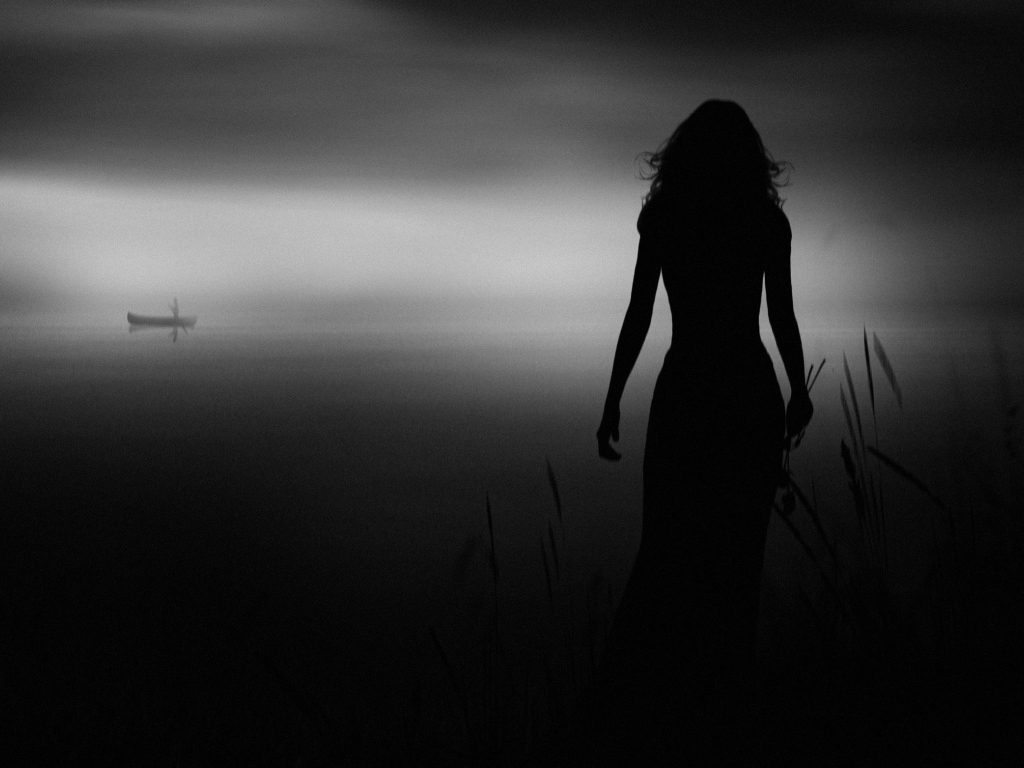 Силуэт девушки в прибрежном камыше