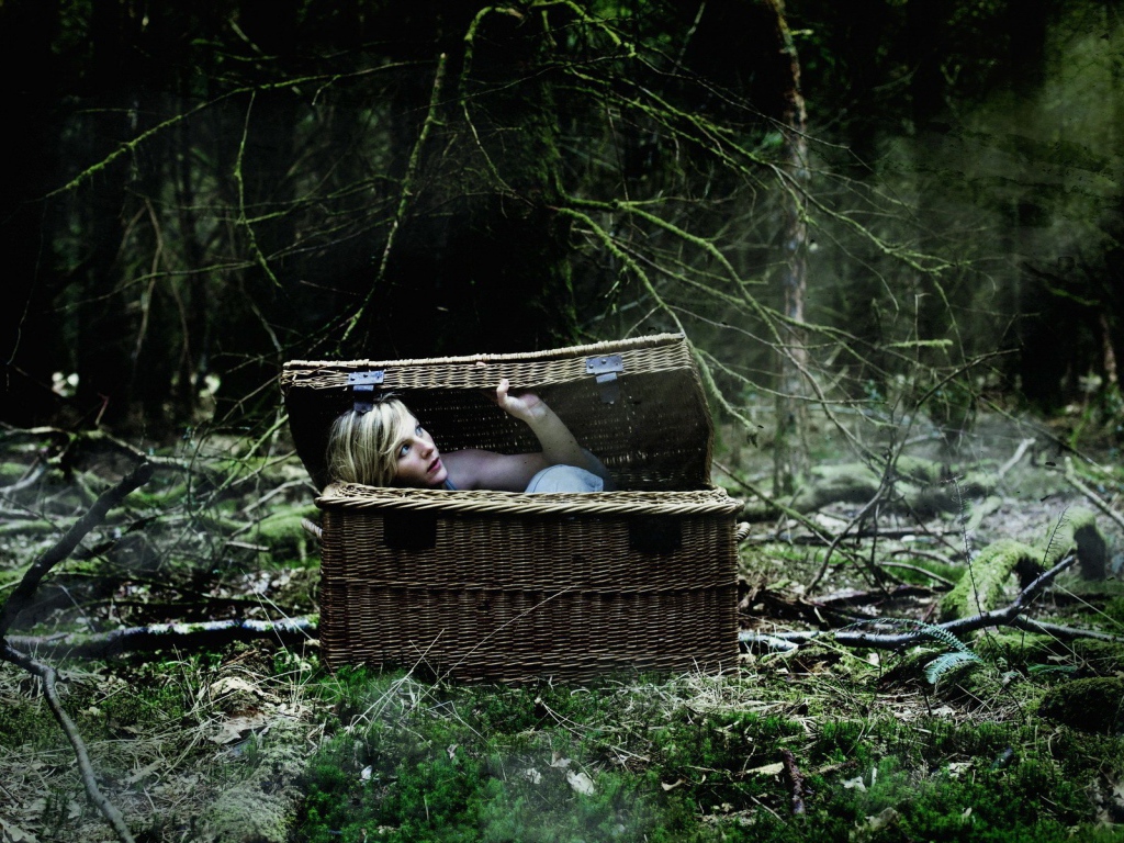 Блондинка в корзине в лесу