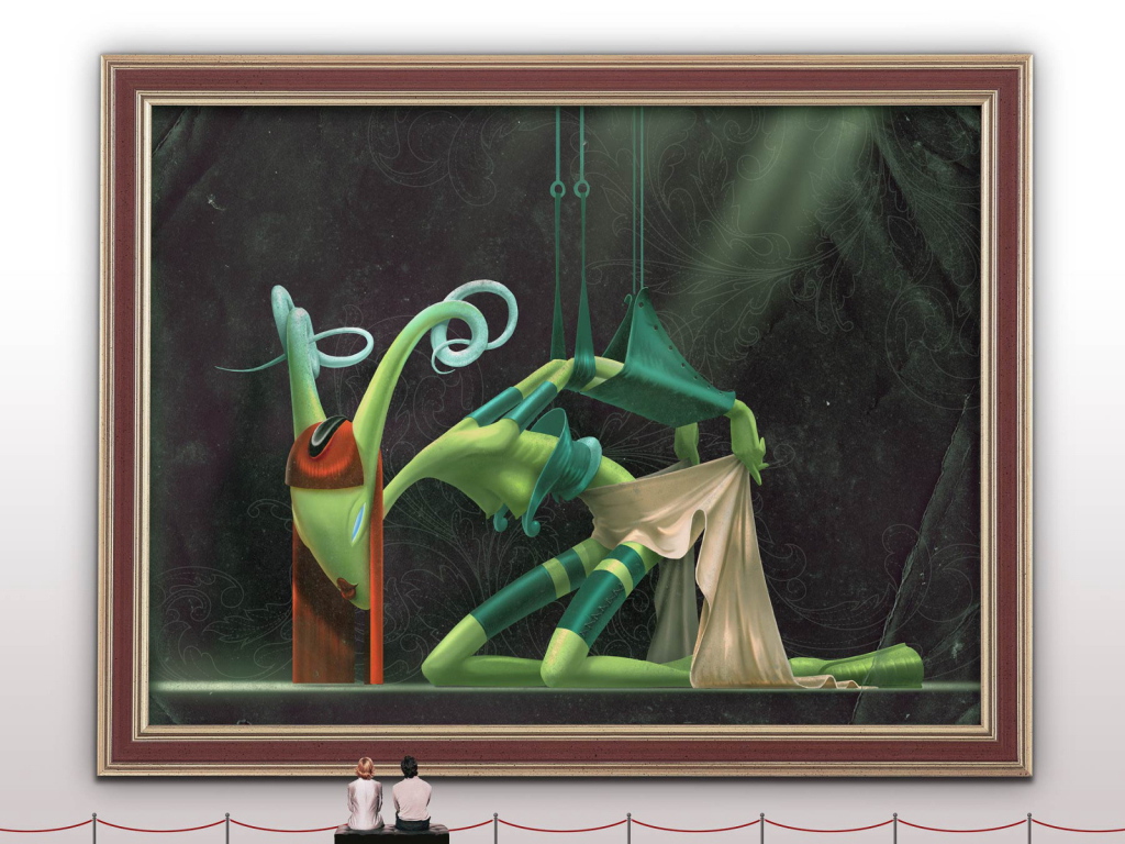 Милая пара смотрит на картину