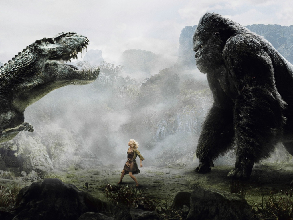 Девушка между динозавром и исполинской гориллой