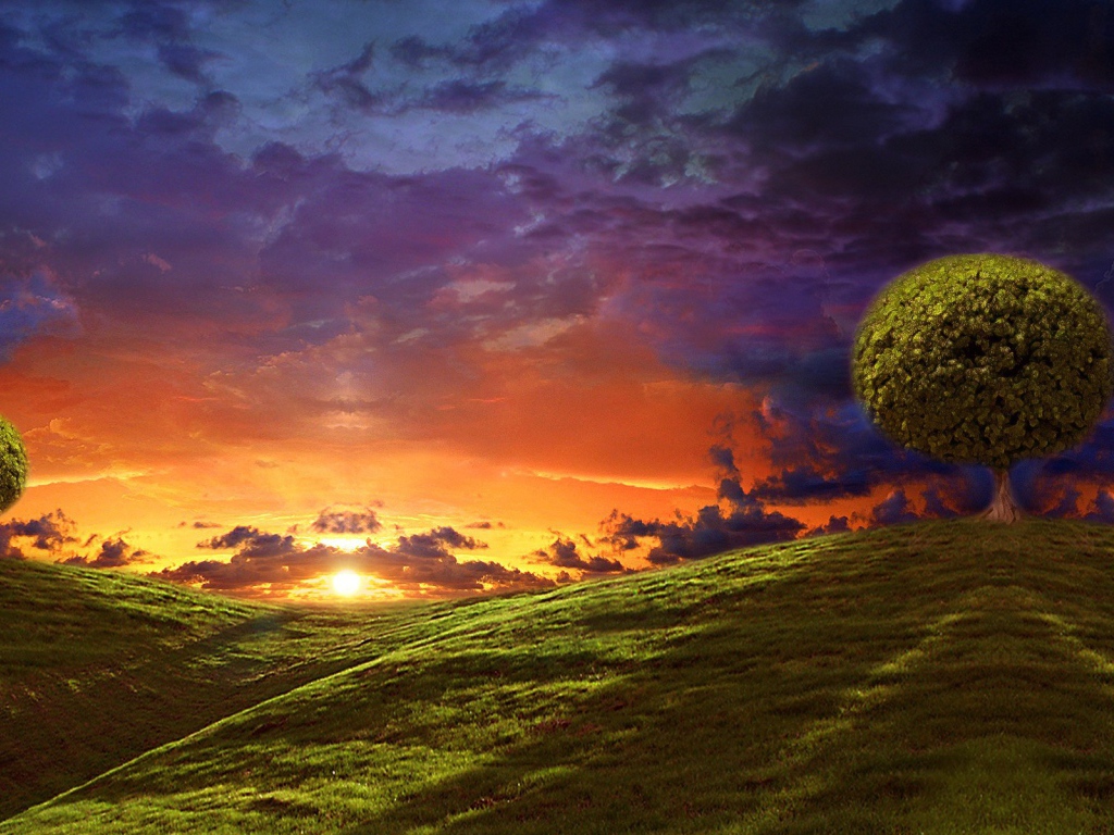 Круглые кроны деревьев на вершинах холмов