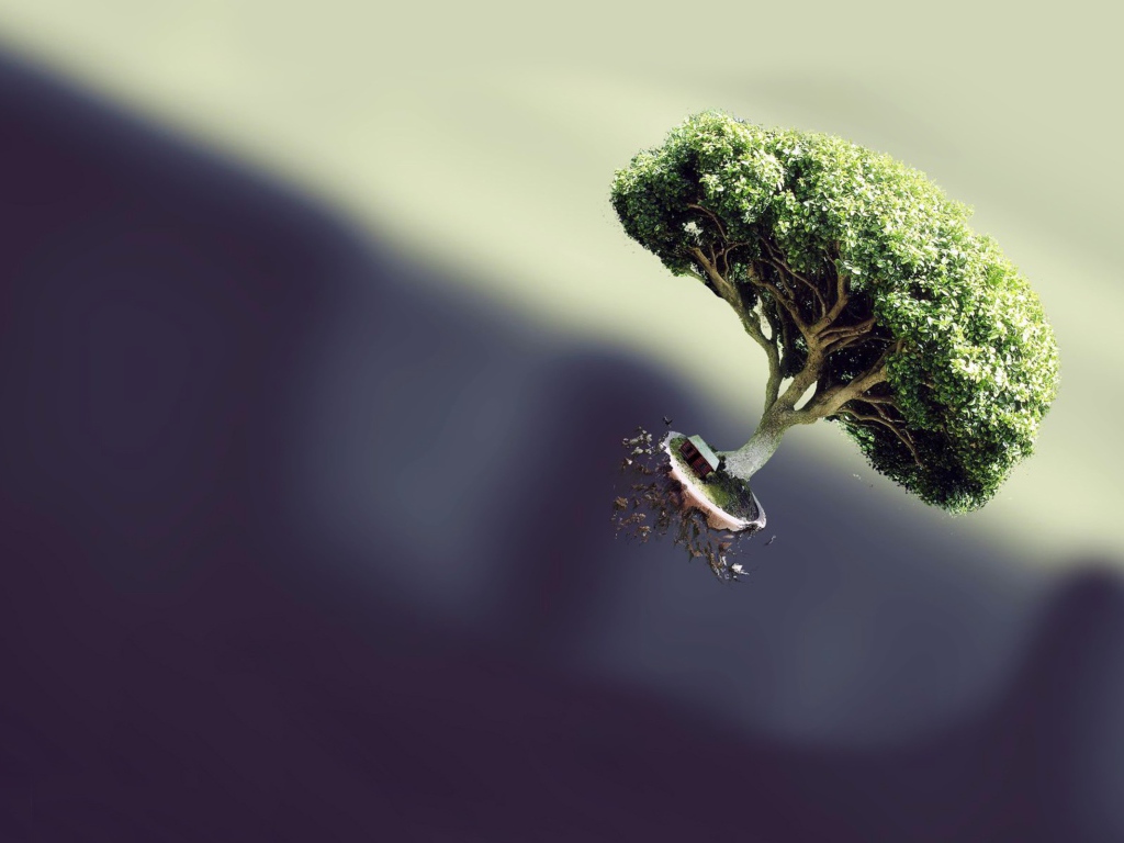 Летающее дерево на темном фоне