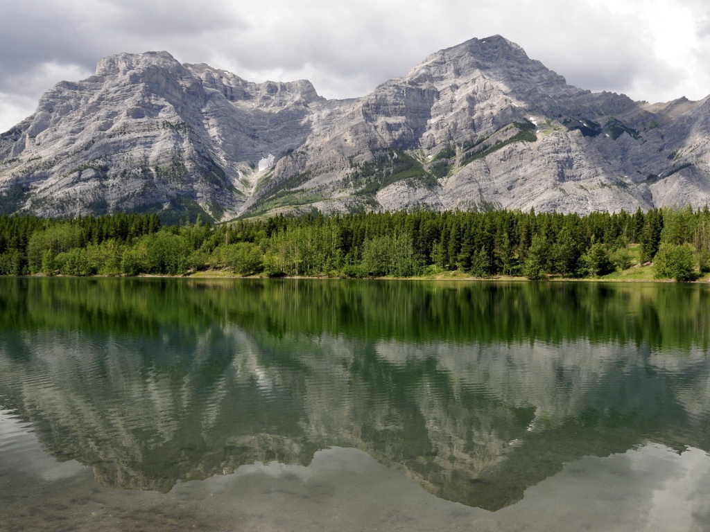 Горы и хвойный лес отражаются в горном озере