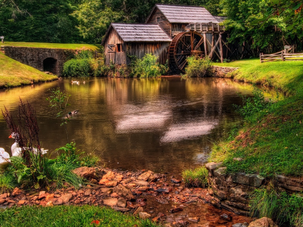 Пруд у деревянной мельницы
