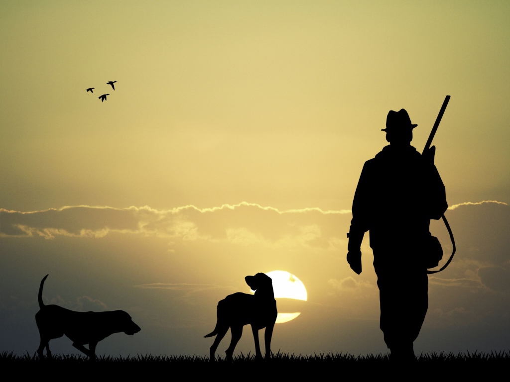 Охотник с собаками на фоне солнца