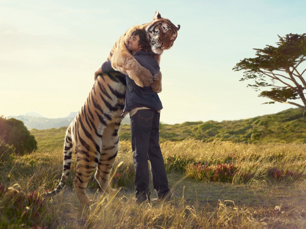 Man hugging tiger