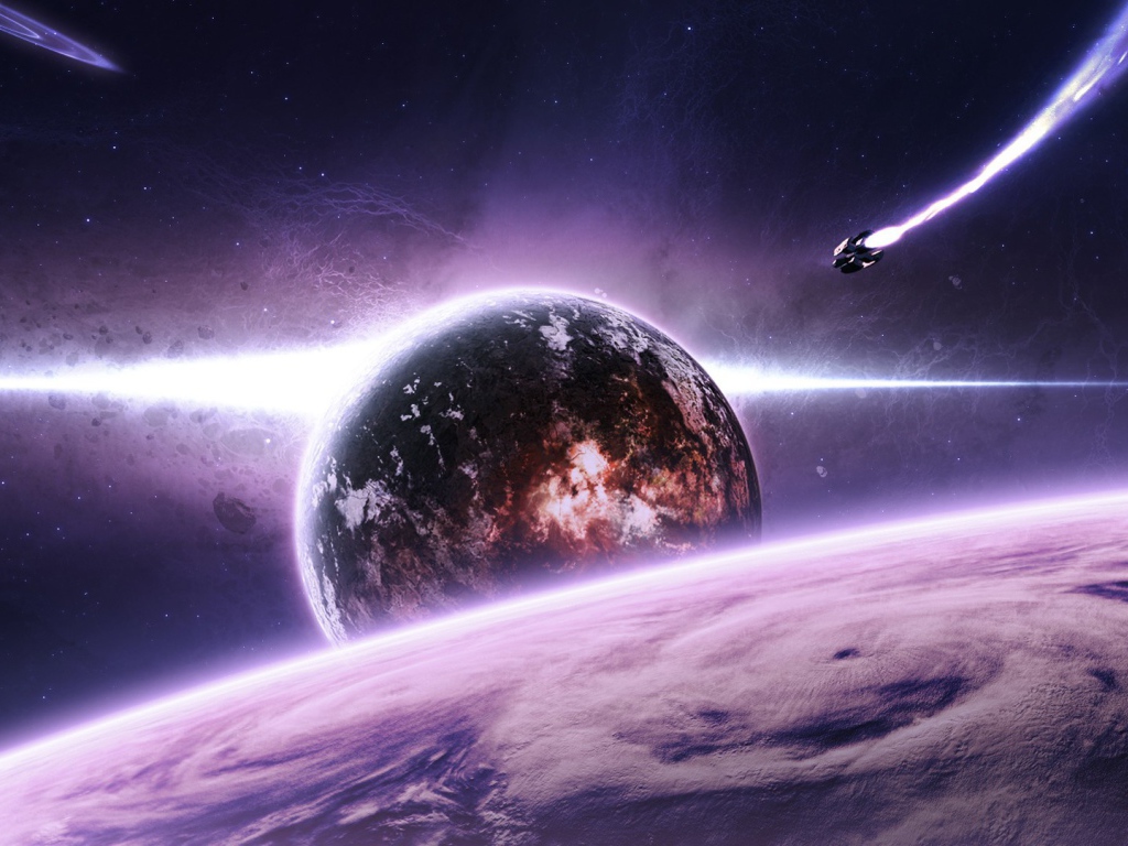 Корабль летит к планете в фиолетовом космосе