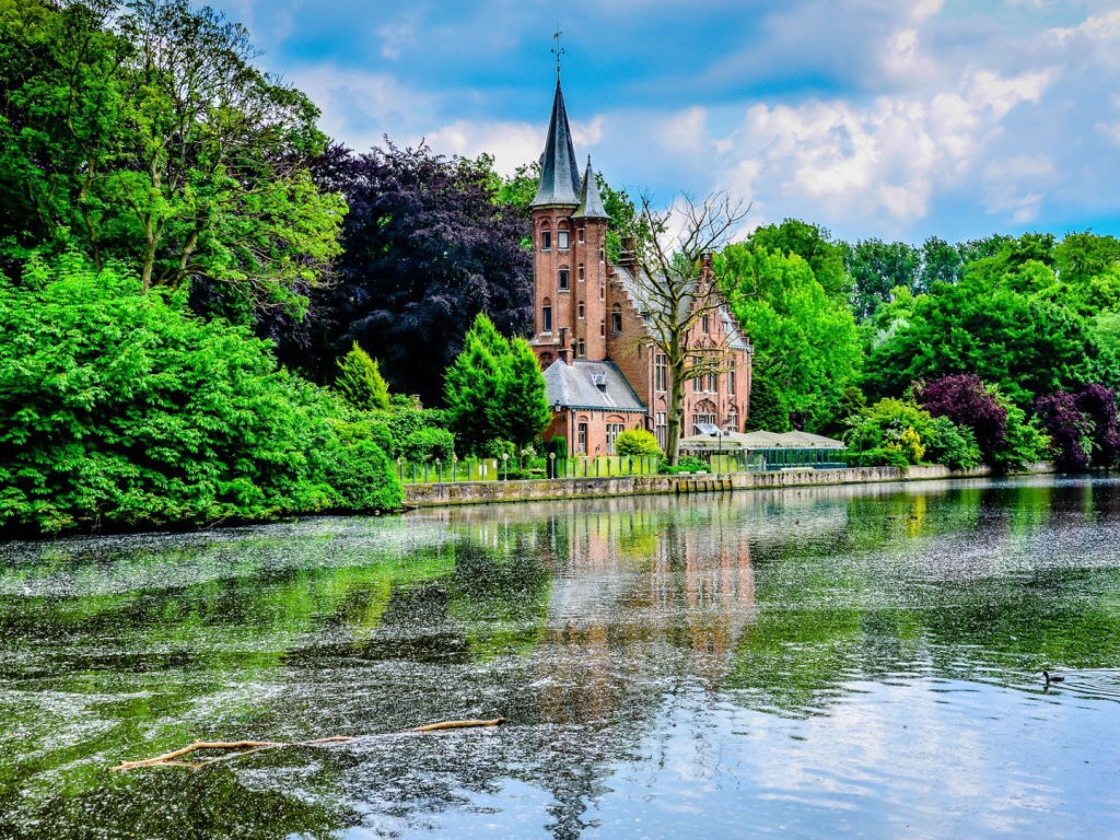 Церковь среди зеленых деревьев на берегу