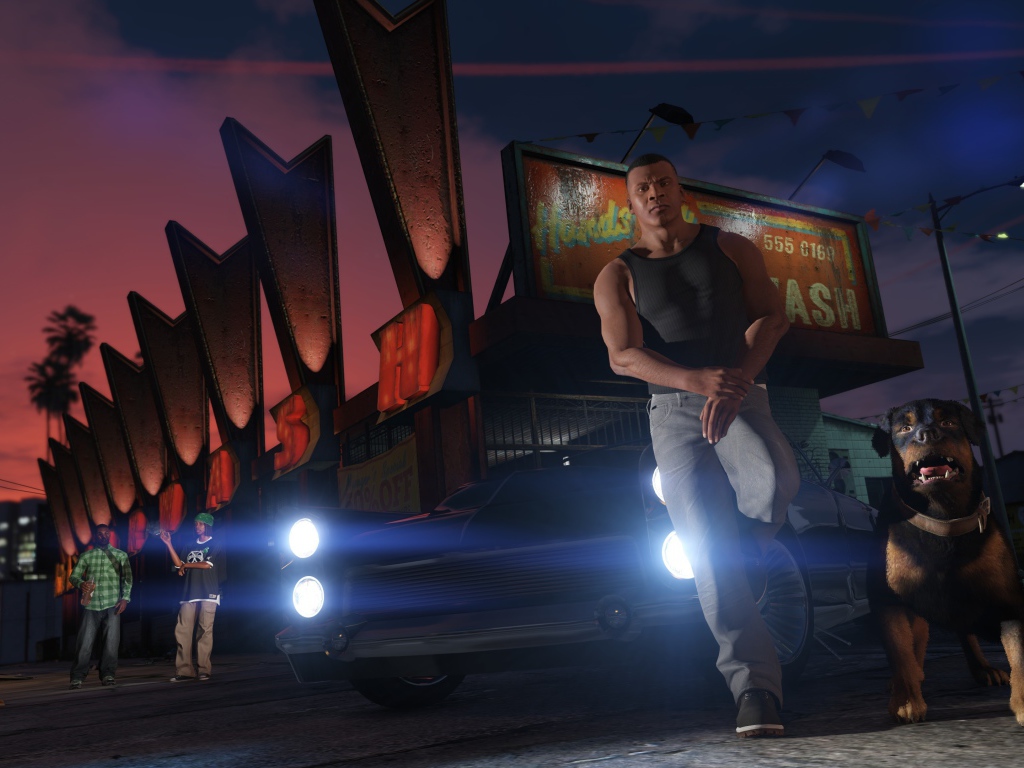 Парень с собакой у авто, игра Grand Theft Auto V