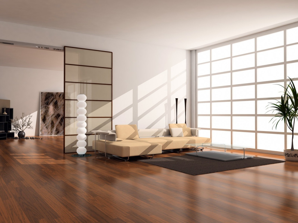 Лучи солнца освещают гостиную, оформленную в стиле минимализма