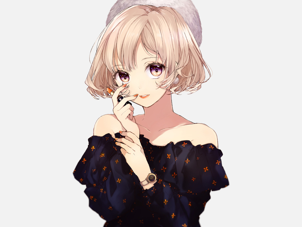 Девушка аниме блондинка с помадой в руках на белом фоне