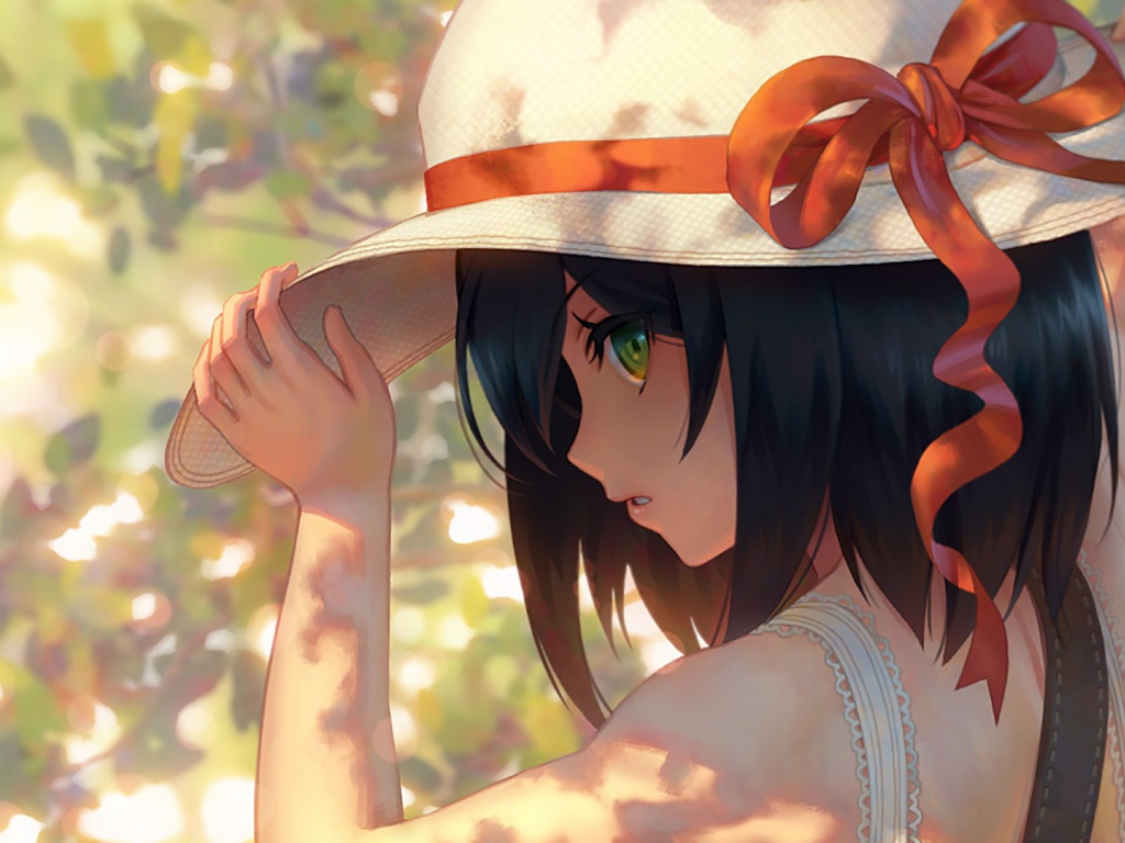 Аниме девушка в шляпе с красным бантом 