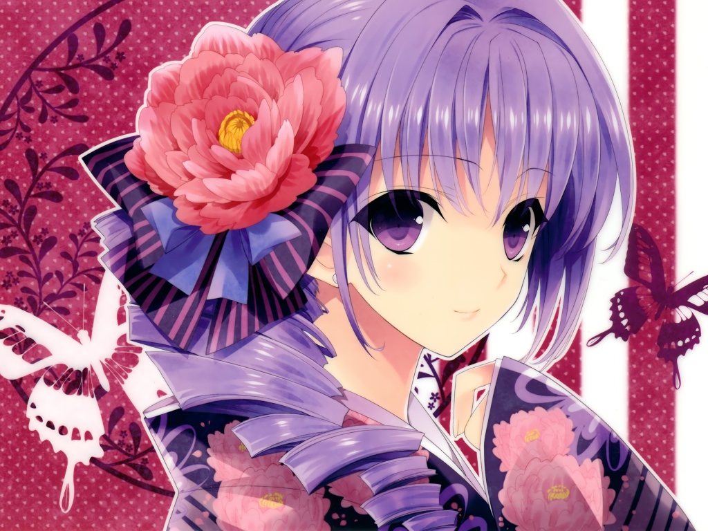 Девушка аниме в кимоно и большим красным цветком в волосах