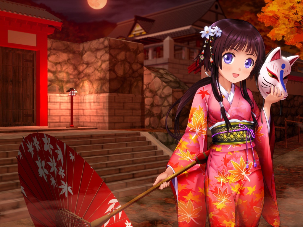 Аниме девушка с зонтом и в кимоно 