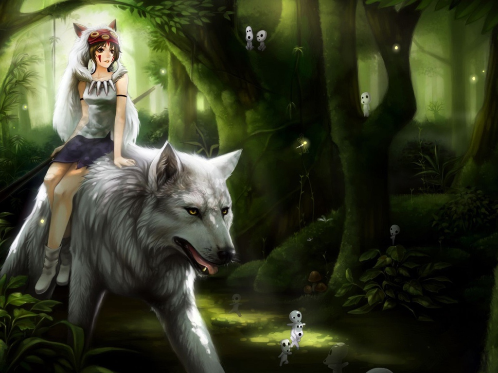 Девушка верхом на белом волке аниме Принцесса Мононоке 