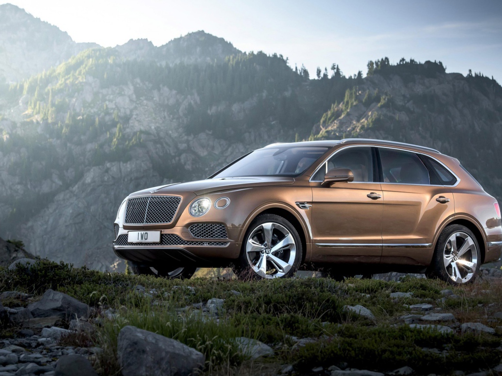Коричневый кроссовер  Bentley Bentayga, 2017 на фоне гор