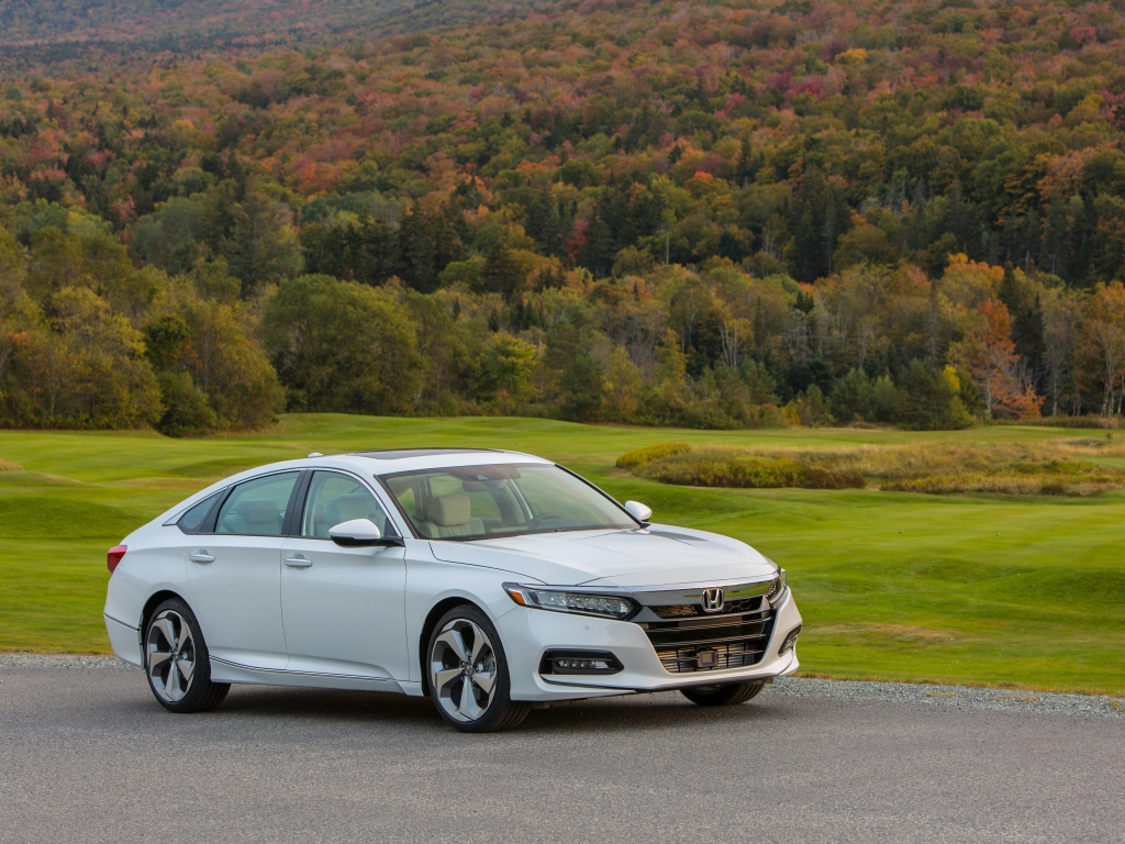 Белый автомобиль Honda Accord на фоне леса