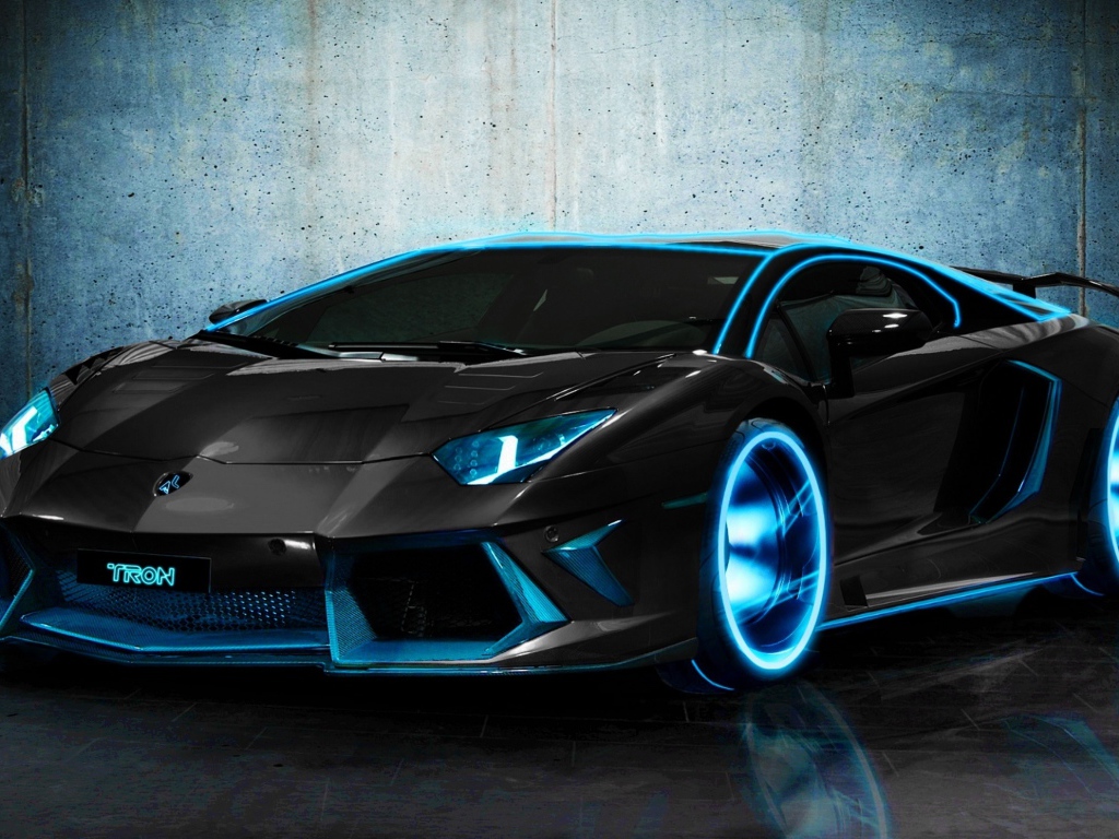 Черный автомобиль Lamborghini Aventador, 2018  с неоновой подсветкой