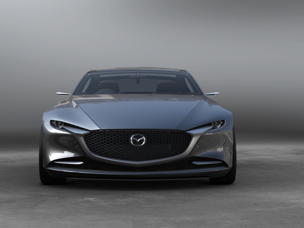 Серебристый автомобиль  Mazda Vision Coupe, 2017 вид спереди