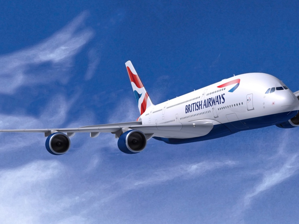 Airbus A380 авиакомпании British Airways на фоне голубого неба