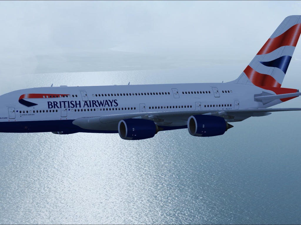 Самолет Airbus A380 British Airways летит над океаном 